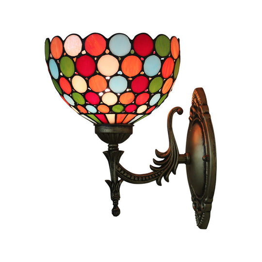 Tiffany Wall Sconce Light - Single-Bulb Stained Glass Fixture In Bronze With Spots And Semicircles