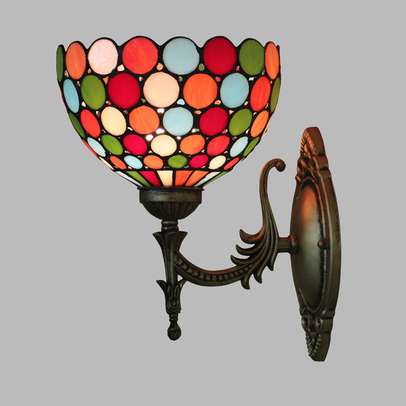 Tiffany Wall Sconce Light - Single-Bulb Stained Glass Fixture In Bronze With Spots And Semicircles