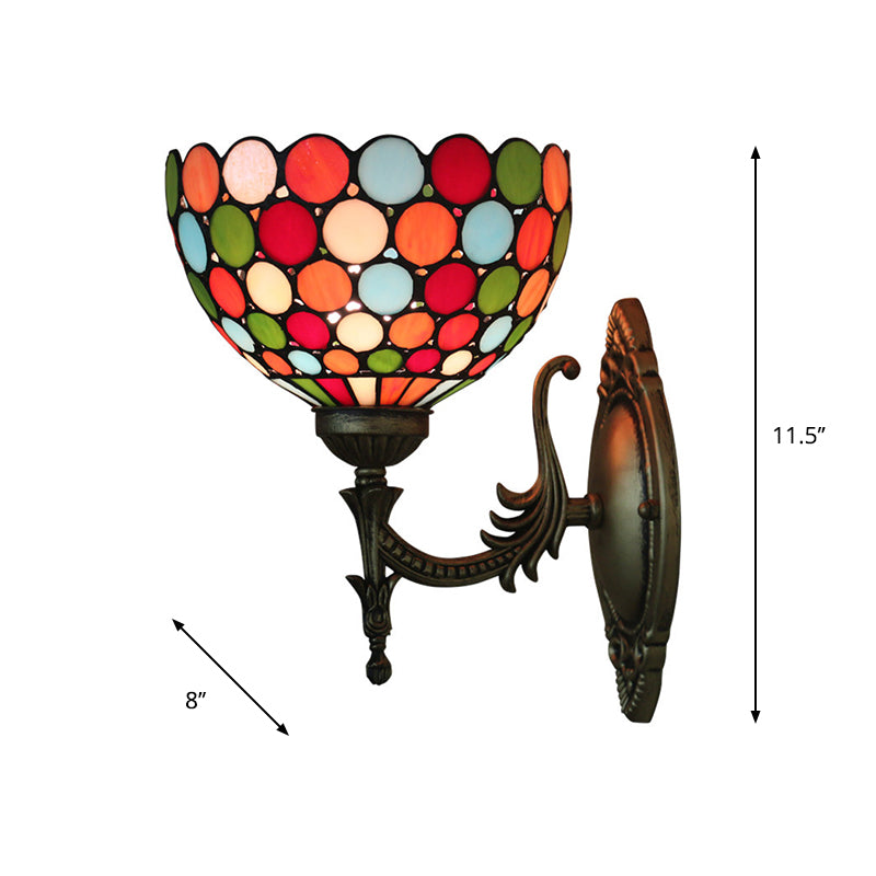 Tiffany Wall Sconce Light - Single-Bulb Stained Glass Fixture In Bronze With Spots And Semicircles