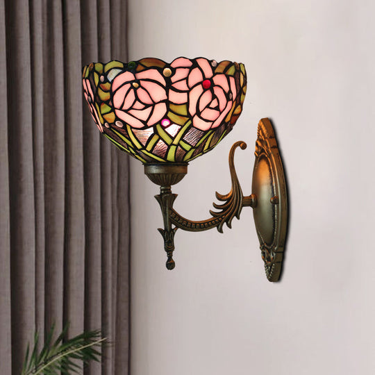 Pink Rose Tiffany Stained Glass Wall Mount Sconce With Bronze Carved Arm / B