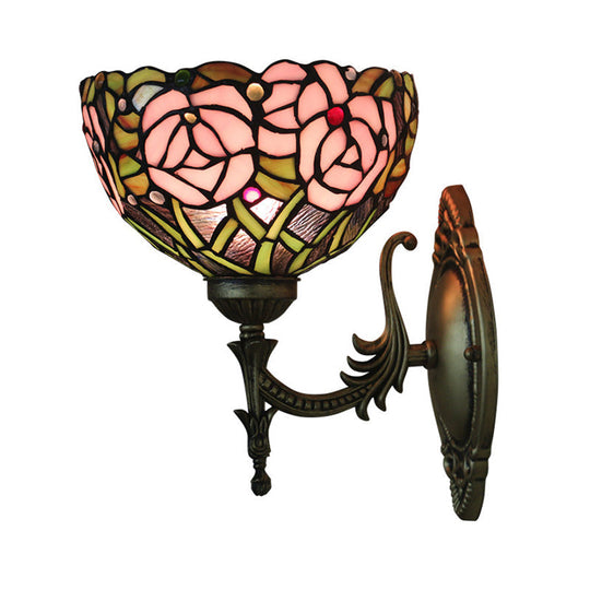 Pink Rose Tiffany Stained Glass Wall Mount Sconce With Bronze Carved Arm