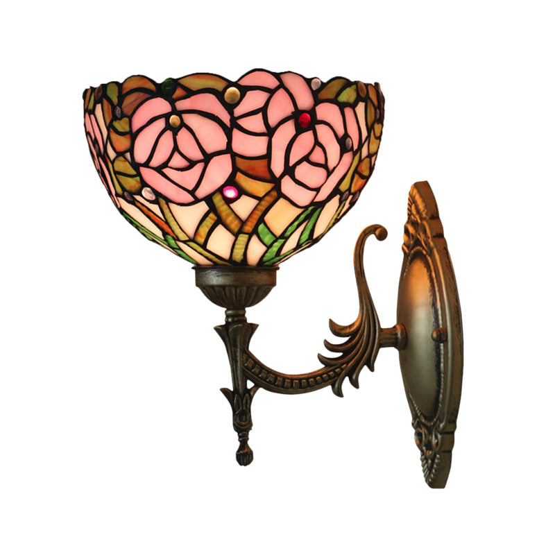 Pink Rose Tiffany Stained Glass Wall Mount Sconce With Bronze Carved Arm