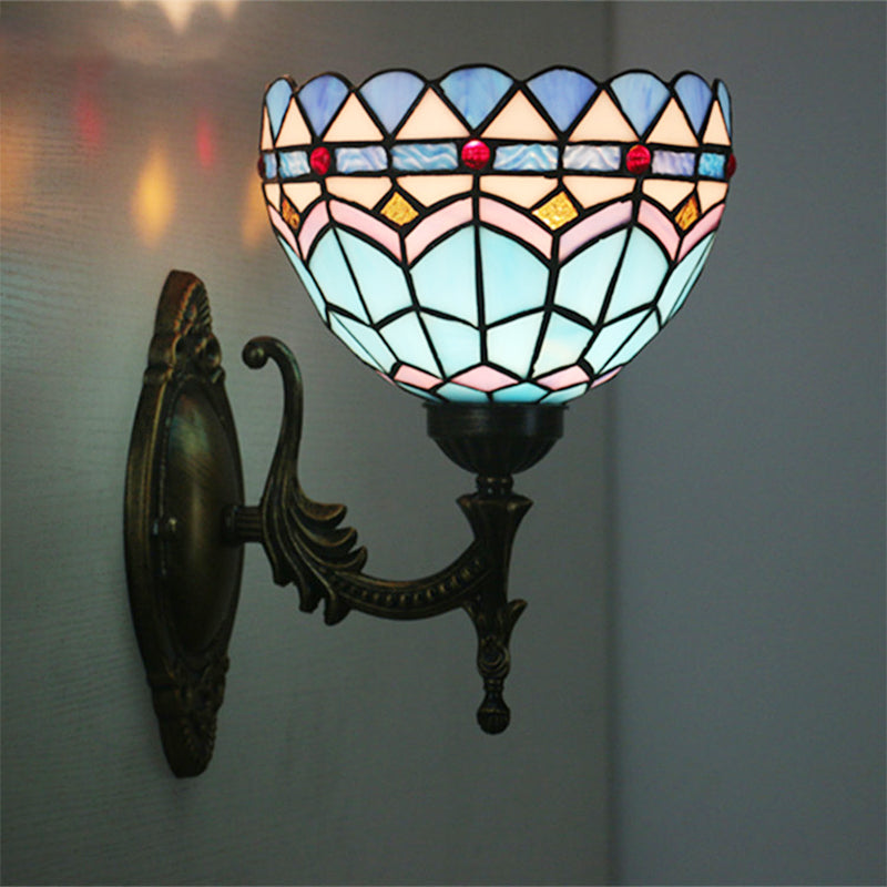 Mediterranean Bronze Bedroom Wall Sconce With Blue Glass Shade - 1-Light Light Fixture