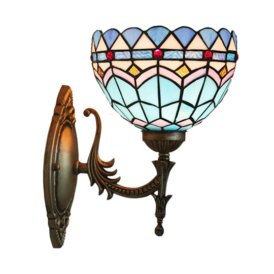 Mediterranean Bronze Bedroom Wall Sconce With Blue Glass Shade - 1-Light Light Fixture