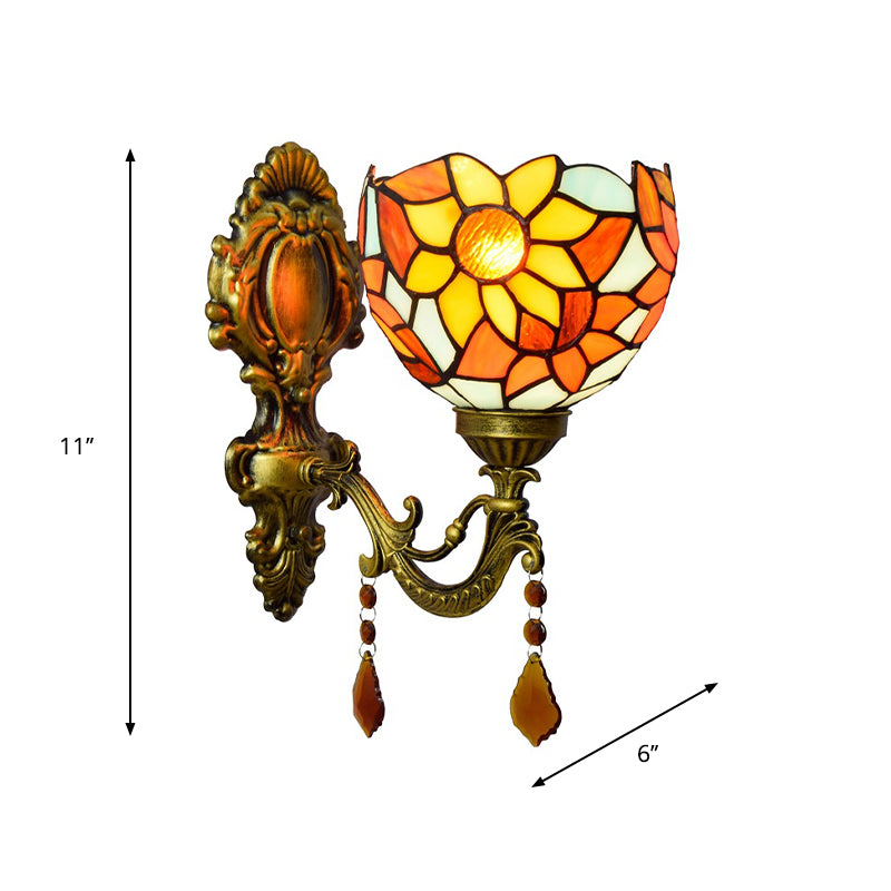 Handcrafted Tiffany Wall Mount Light Fixture - Stained Glass Sunflower Sconce Brass 1-Light