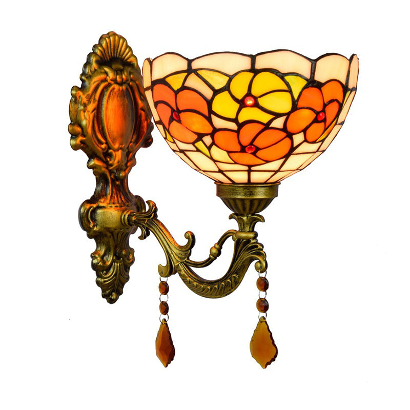 Tiffany Stained Glass Wall Lamp - Leaf-Pattern Bowl Design 1 Head Orange/Purple/Red Mounted Fixture