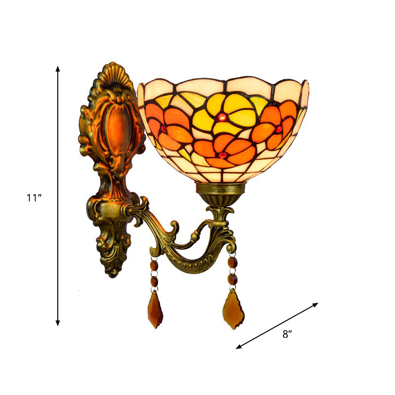 Tiffany Stained Glass Wall Lamp - Leaf-Pattern Bowl Design 1 Head Orange/Purple/Red Mounted Fixture