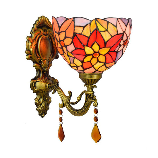 Tiffany Stained Glass Wall Lamp - Leaf-Pattern Bowl Design 1 Head Orange/Purple/Red Mounted Fixture