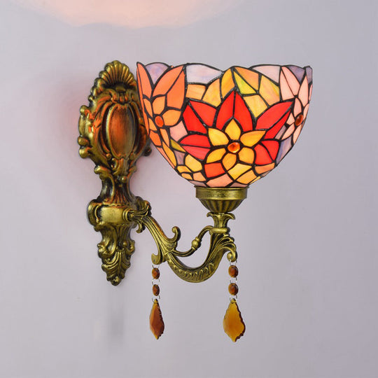 Tiffany Stained Glass Wall Lamp - Leaf-Pattern Bowl Design 1 Head Orange/Purple/Red Mounted Fixture