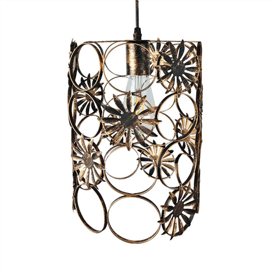 Wire Circles Pendant Light with Flower Pattern Lodge Style, Aged Brass Finish - 1 Bulb Hanging Lamp for Living Room