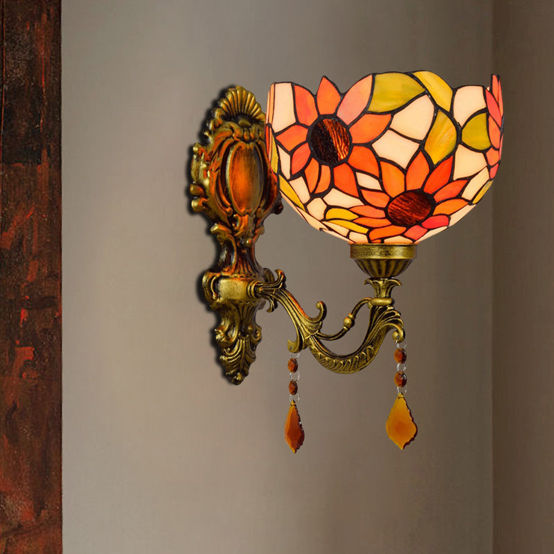 Sunflower Dome Sconce Lamp - Tiffany Style Cut Glass Wall Lighting Fixture With Brass Curved Arm