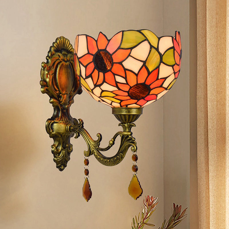 Sunflower Dome Sconce Lamp - Tiffany Style Cut Glass Wall Lighting Fixture With Brass Curved Arm