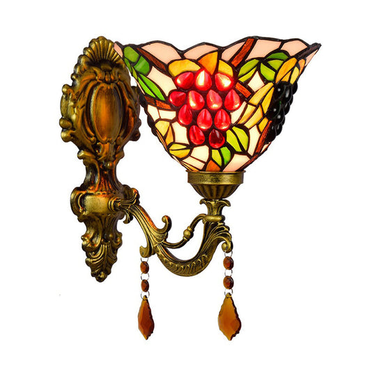 Tiffany Stained Glass Wall Sconce With Grapes Pattern - Single Bulb Brass Mount Light