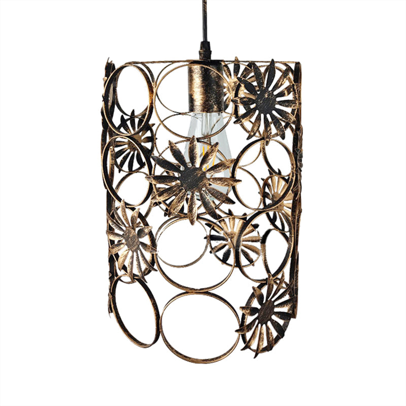 Lodge Style Wire Circle Pendant Light With Flower Pattern - Aged Brass Finish Perfect For Living