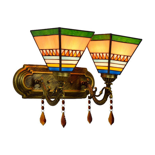 Brass Wall Mounted Lamp With Stained Glass Mission Design And Dual Bulbs