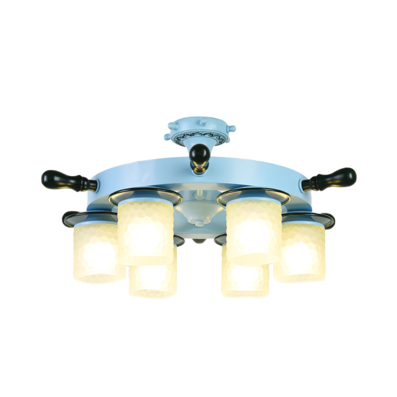 Kids Room Semi Mount Cartoon Blue Rudder Flush Ceiling Lamp with Opal Glass Shade - 6 Heads