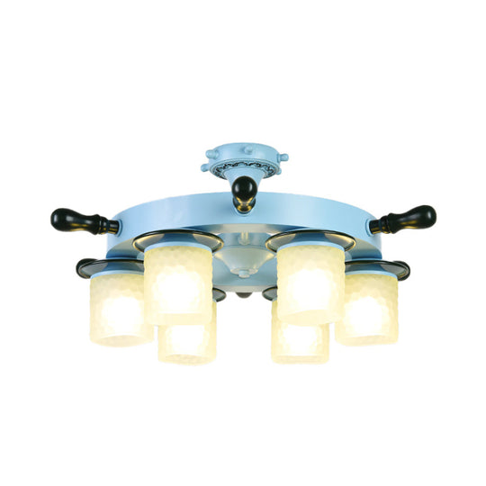 Kids Room Semi Mount Cartoon Blue Rudder Flush Ceiling Lamp with Opal Glass Shade - 6 Heads