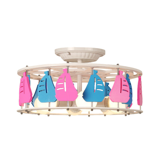 Semi Flush Elephant/Boat/Rudder Lamp with Drum Design for Kids - 5-Light Wood Fixture in Pink/Yellow or Pink/Blue Flush Mount