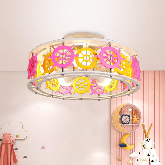 Semi Flush Elephant/Boat/Rudder Lamp with Drum Design for Kids - 5-Light Wood Fixture in Pink/Yellow or Pink/Blue Flush Mount