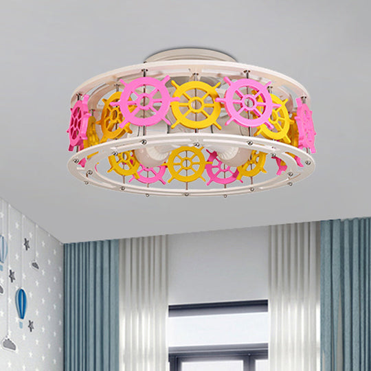 Semi Flush Elephant/Boat/Rudder Lamp with Drum Design for Kids - 5-Light Wood Fixture in Pink/Yellow or Pink/Blue Flush Mount