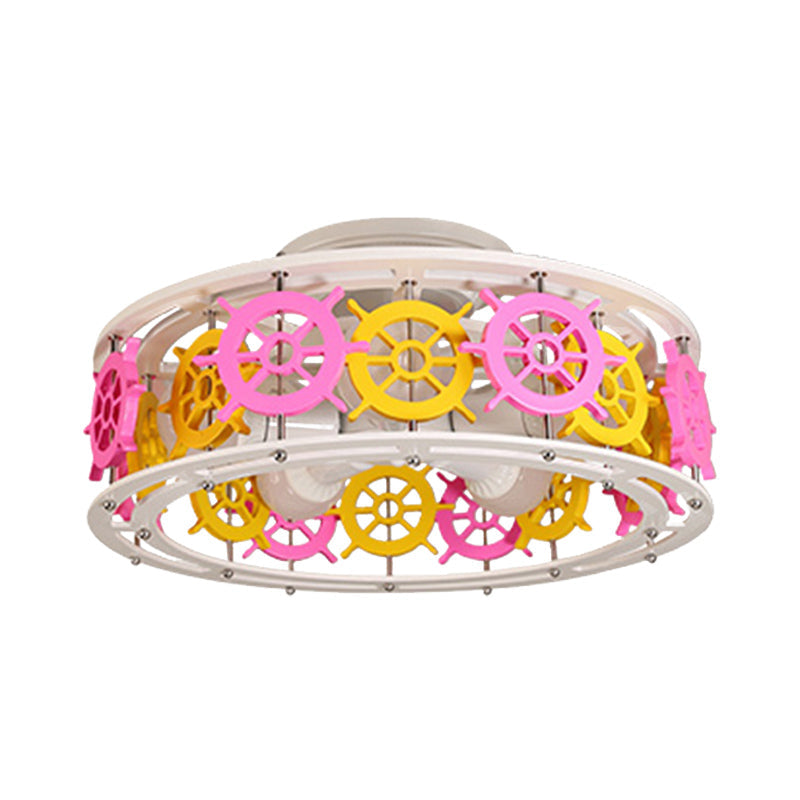 Semi Flush Elephant/Boat/Rudder Lamp with Drum Design for Kids - 5-Light Wood Fixture in Pink/Yellow or Pink/Blue Flush Mount