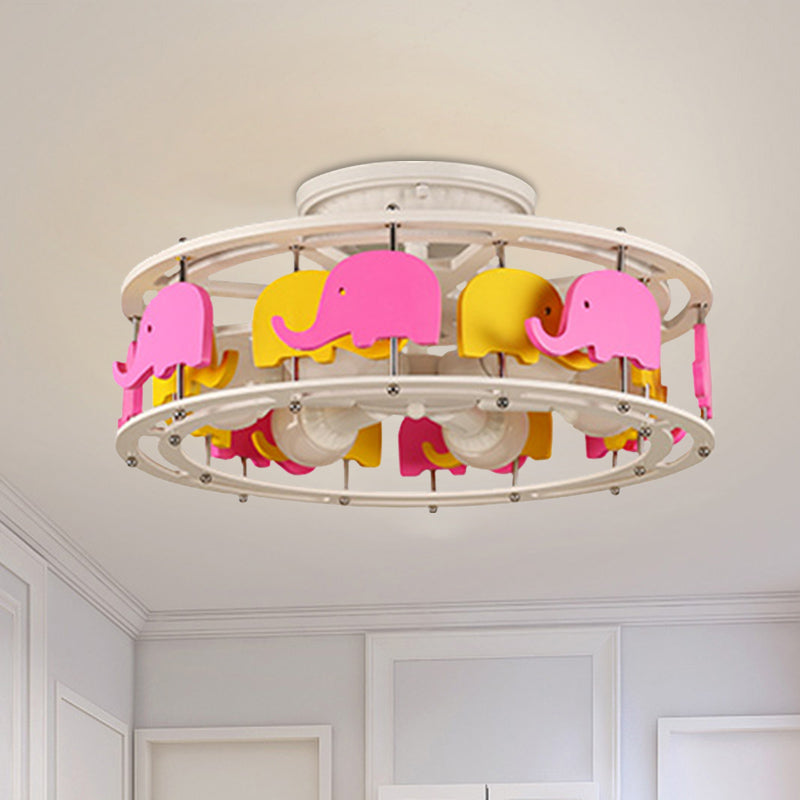 Semi Flush Elephant/Boat/Rudder Lamp with Drum Design for Kids - 5-Light Wood Fixture in Pink/Yellow or Pink/Blue Flush Mount