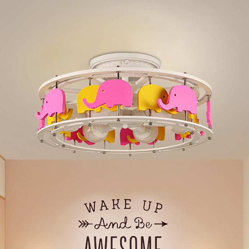 Semi Flush Elephant/Boat/Rudder Lamp with Drum Design for Kids - 5-Light Wood Fixture in Pink/Yellow or Pink/Blue Flush Mount