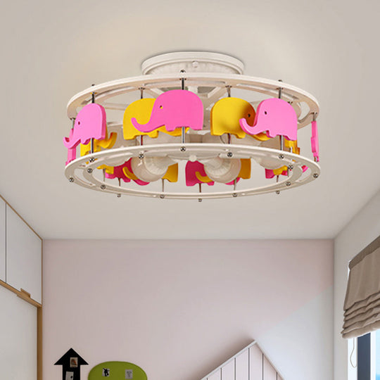 Semi Flush Elephant/Boat/Rudder Lamp with Drum Design for Kids - 5-Light Wood Fixture in Pink/Yellow or Pink/Blue Flush Mount