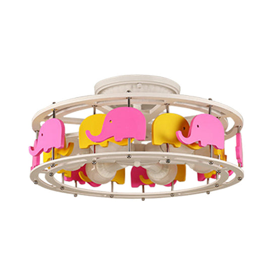 Semi Flush Elephant/Boat/Rudder Lamp with Drum Design for Kids - 5-Light Wood Fixture in Pink/Yellow or Pink/Blue Flush Mount