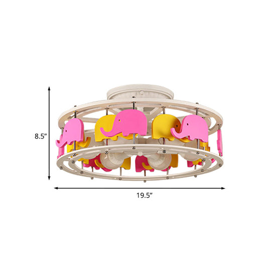 Semi Flush Elephant/Boat/Rudder Lamp with Drum Design for Kids - 5-Light Wood Fixture in Pink/Yellow or Pink/Blue Flush Mount