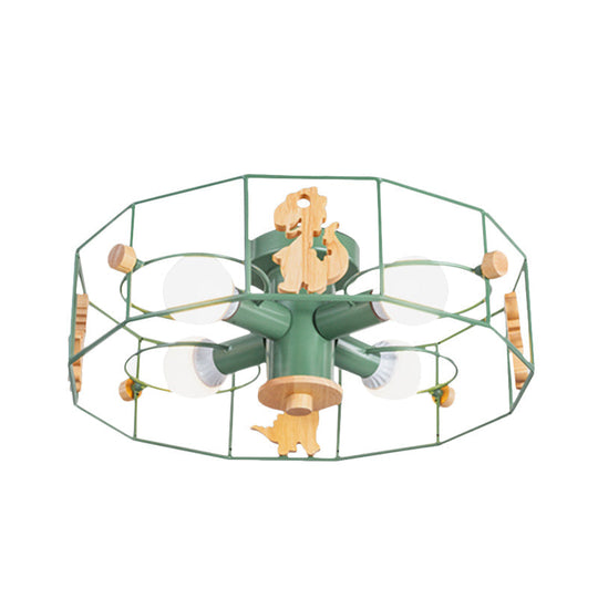 Semi Flush Cartoon Iron Drum Frame Light with 4 Green Lights - Close to Ceiling Lamp