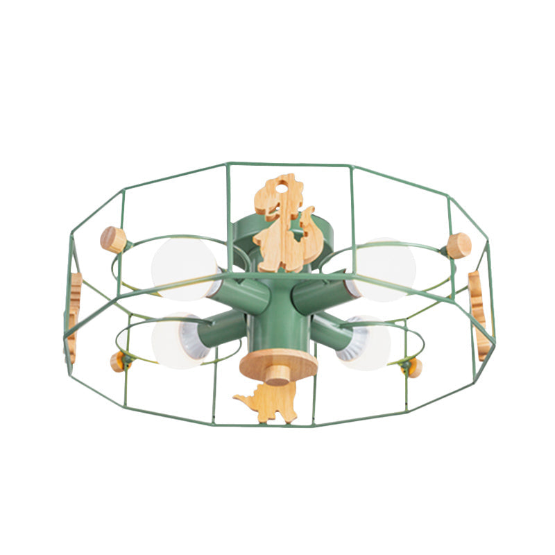 Semi Flush Cartoon Iron Drum Frame Light With 4 Green Lights - Close To Ceiling Lamp