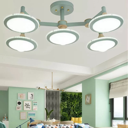 Green 5-Light Metal Macaron Gyro Flush Mount Ceiling Fixture for Modern Study Rooms