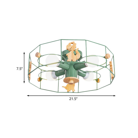 Semi Flush Cartoon Iron Drum Frame Light with 4 Green Lights - Close to Ceiling Lamp