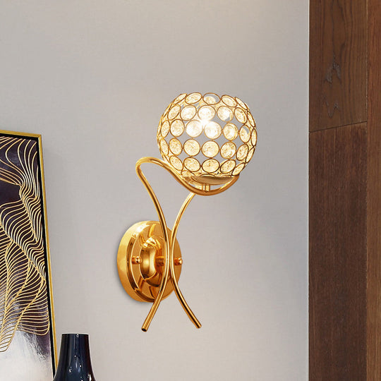 Gold Crystal Encrusted Ball Sconce - Modernist Wall Mount Lamp With 1 Light