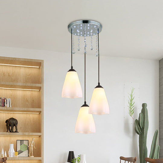 Minimalist 3-Light Black Multi Light Pendant With Floral White Glass And Crystal Accent