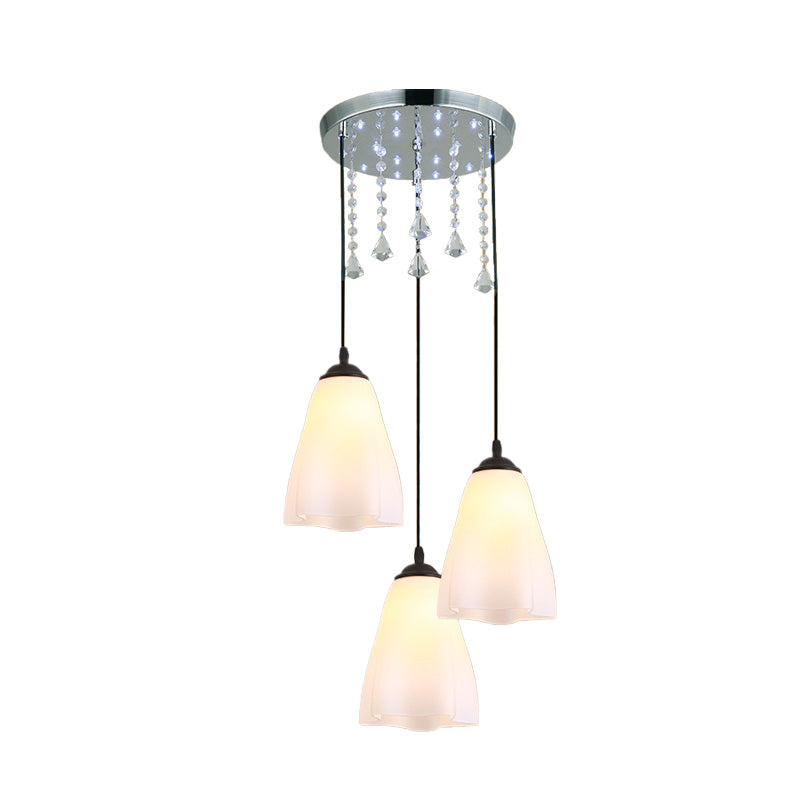 White Floral Glass Multi-Light Pendant with Crystal Accent and Black Minimalist Design