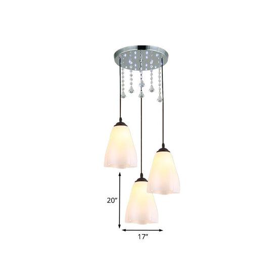 White Floral Glass Multi-Light Pendant with Crystal Accent and Black Minimalist Design