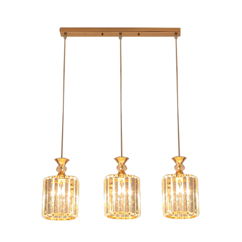 3-Light Gold Cylinder Ceiling Suspension Pendant with Crystal Prisms