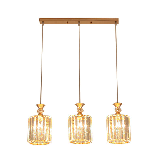 Sleek Gold Cylinder Ceiling Suspension Light With Crystal Prisms - 3-Light Pendant Lamp Fixture