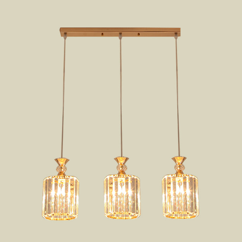 3-Light Gold Cylinder Ceiling Suspension Pendant with Crystal Prisms