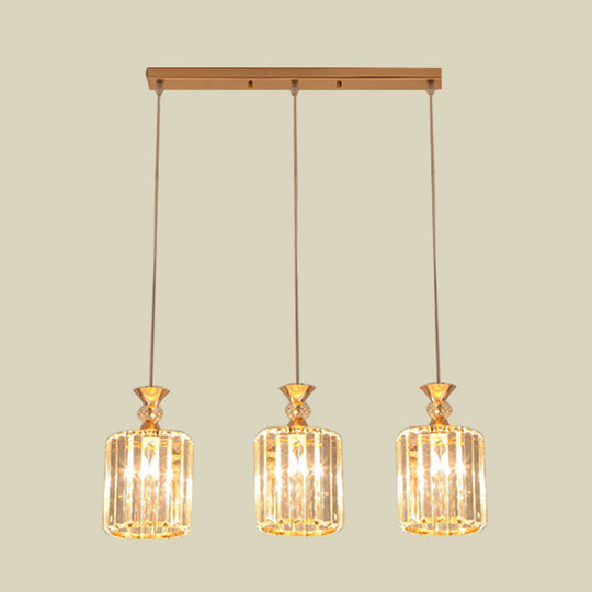 3-Light Gold Cylinder Ceiling Suspension Pendant with Crystal Prisms