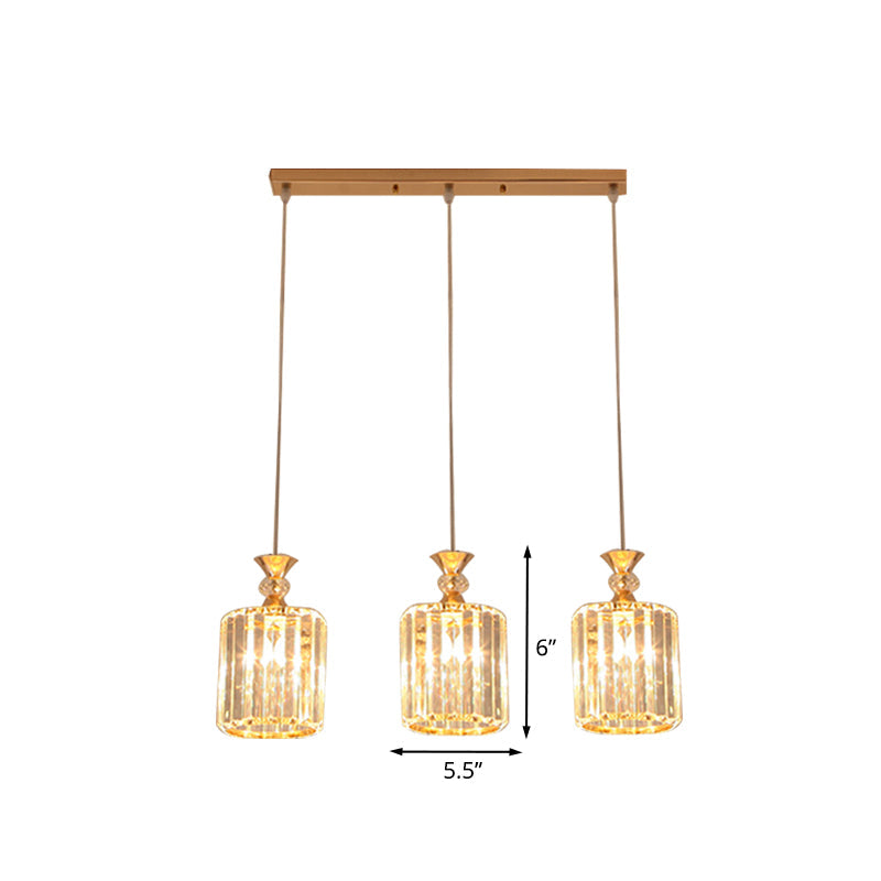 3-Light Gold Cylinder Ceiling Suspension Pendant with Crystal Prisms