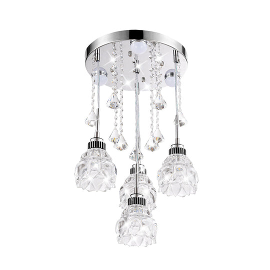 Stylish 4-Light Multi-Pendant With Crystal Shade - Chrome Finish Flower Ceiling Light Fixture