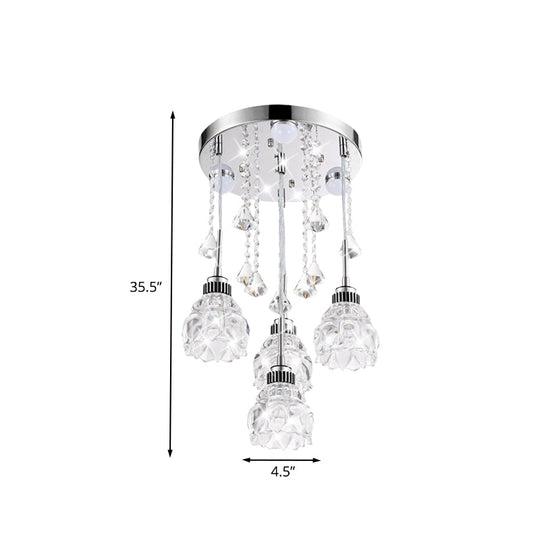 Modern 4-Head Crystal Shade Flower Ceiling Light Fixture - Chrome Finish Multi-Pendant