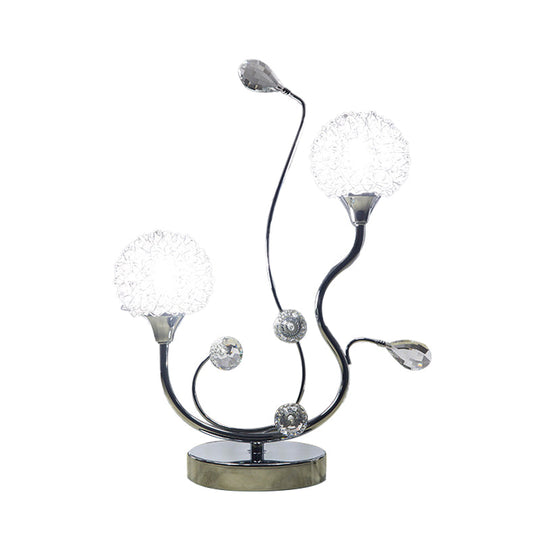 Modernist Chrome Finish Dandelion Nightstand Light: 2-Light Metallic Night Lamp With Crystal Accent