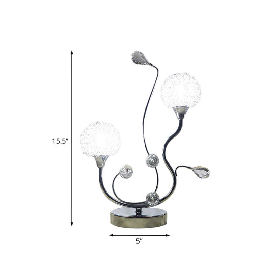 Modernist Chrome Finish Dandelion Nightstand Light: 2-Light Metallic Night Lamp With Crystal Accent