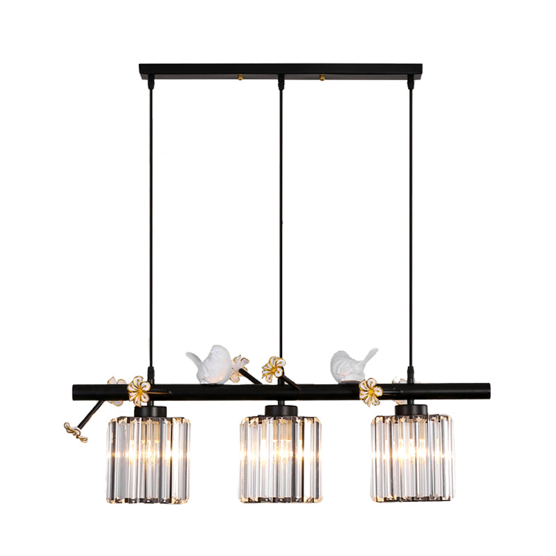 Modern Black Cylinder Island Light Pendant With Crystal Accents - 3 Lights