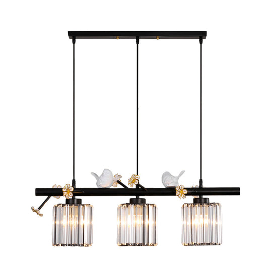 Modern Black Cylinder Island Light Pendant With Crystal Accents - 3 Lights