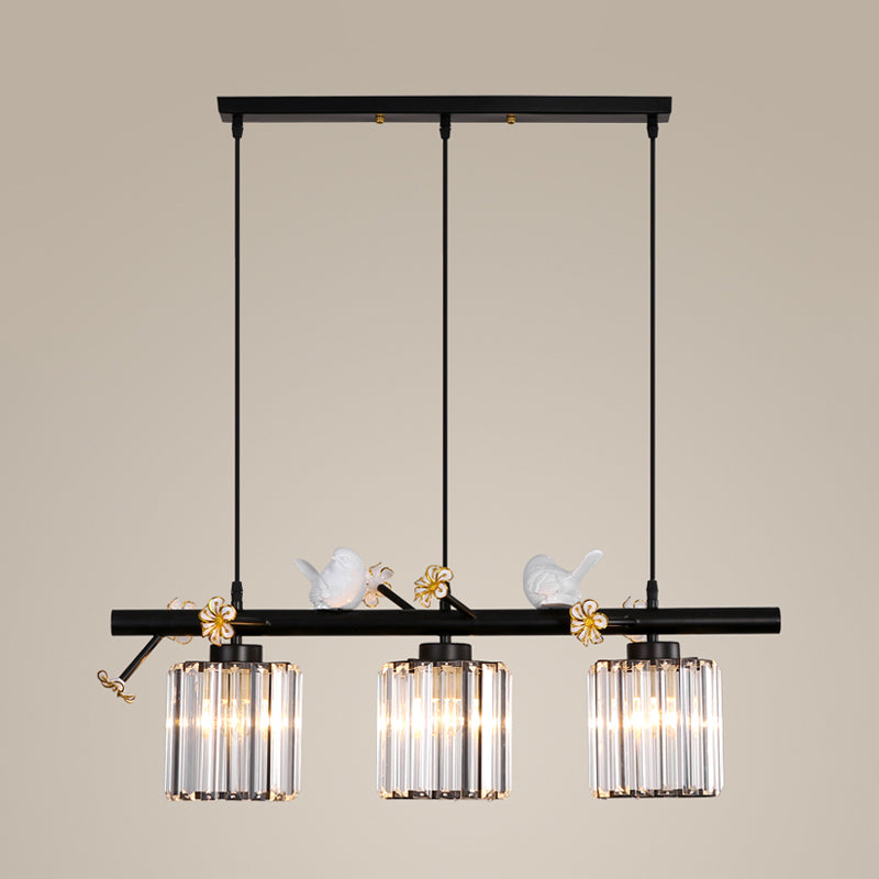 Modern Black Cylinder Island Light Pendant With Crystal Accents - 3 Lights